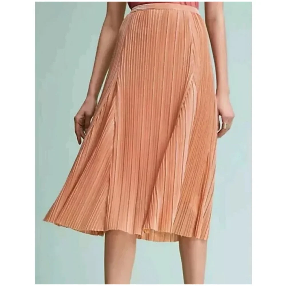 Anthropologie Maeve Pleated Metallic champagne peach midi skirt Small Anthro - Picture 2 of 11